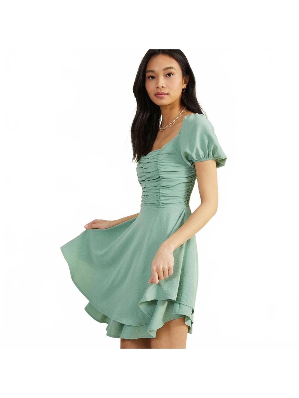 Altar'd State Edwina Puff Sleeve Sage Green Ruffle Dress Small